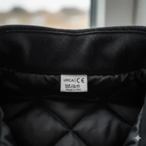 A close-up of a clothing label inside a heated jacket showing the UKCA and CE safety marks alongside standard British washing symbols.