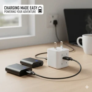 Two lithium-polymer batteries charging via USB cables from a standard UK three-pin mains power adapter.