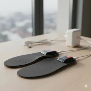 A pair of heated insoles for winter connected to a dual USB charging cable.
