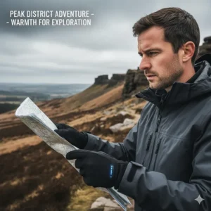 A hiker wearing slim heated gloves while checking a map in the cold, misty Peak District.
