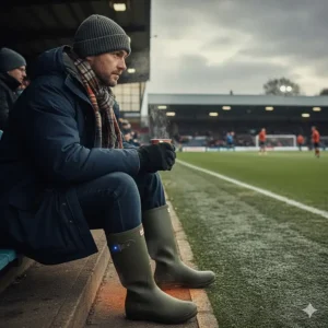 Alt text for image 9: A spectator at a cold British football match staying warm with battery-operated heated insoles in their wellies.