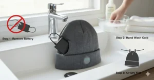 Diagram showing how to safely remove the battery before washing a heated beanie hat.