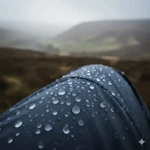 Close-up of water droplets beading on the surface of water-resistant heated walking trousers during a rainy hill walk.