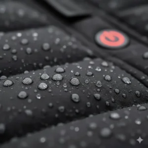 Macro shot of the water-resistant and windproof outer fabric of a women's heated vest with rain droplets.