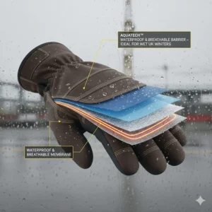 A cross-section diagram showing the waterproof and breathable membrane layers designed for wet British winters.