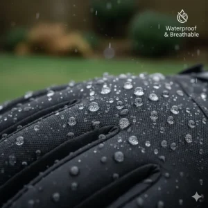 Raindrops beading on the waterproof and breathable outer fabric of a high-quality heated glove.