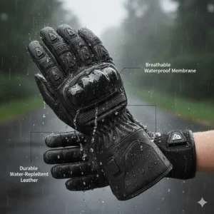 Illustration showing how to connect 12V hardwired heated motorcycle gloves to a motorbike battery with a fused harness.