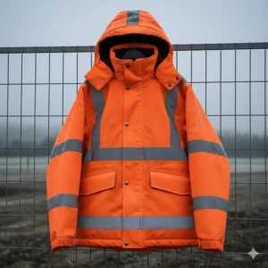 A professional high-visibility orange waterproof winter parka with reflective strips hanging on a perimeter fence at a misty worksite.