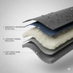 A detailed cross-section illustration showing the three layers of the garment: a waterproof outer shell, thermal insulation, and a soft grey fleece lining.