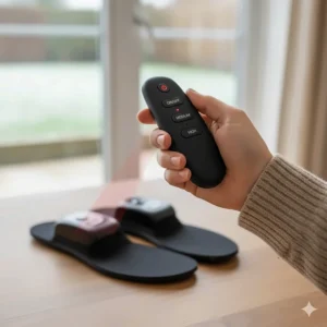A hand holding a wireless remote control to adjust temperature settings on heated insoles for winter.