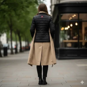 Demonstration of how a slim-fit women's heated vest layers discreetly under a traditional British trench coat.