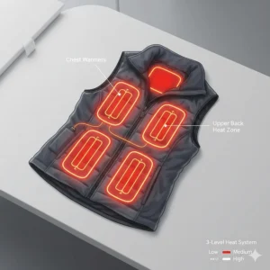 Technical illustration showing the internal heating elements of a women's heated vest across the back and chest.