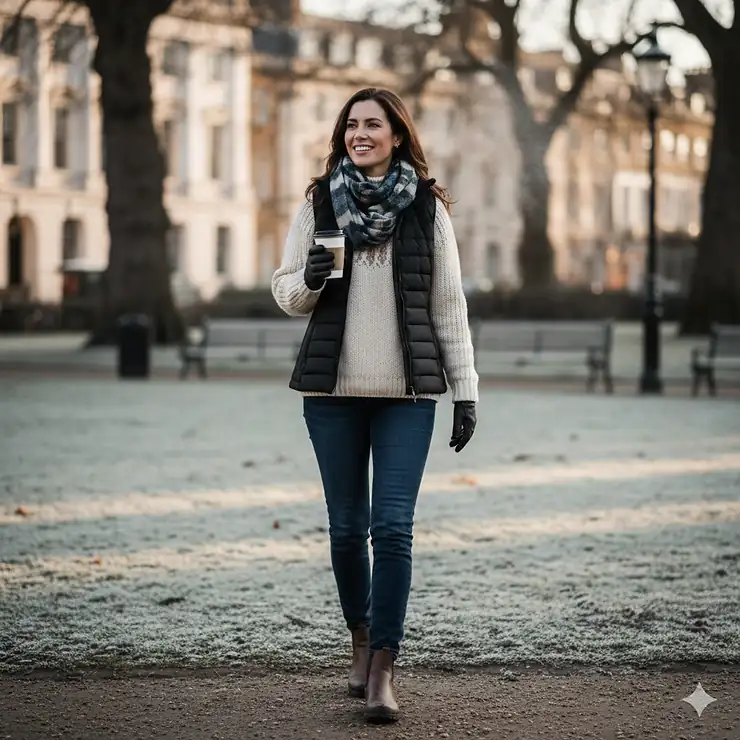 A woman wearing a stylish black women's heated vest over a wool jumper while walking in a frosty British park.