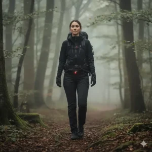 A female hiker wearing black slim-fit heated walking trousers while trekking through a misty British forest.
