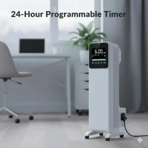 The digital control panel of a white convector heater showing a 24-hour programmable timer set for a 6am start.