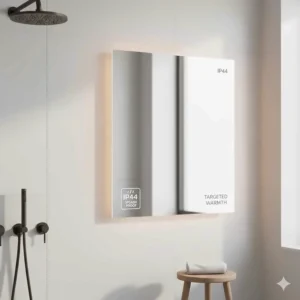 An IP44-rated infrared mirror heater installed in a contemporary British bathroom, steam-free and providing targeted warmth.
