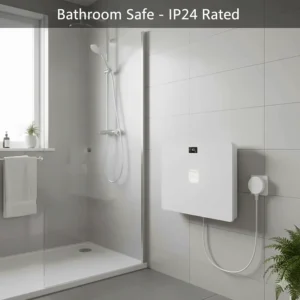 A splash-proof IP24-rated convector heater safely wall-mounted next to a walk-in shower in a modern UK bathroom.