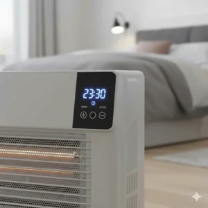 Close-up of a 24-hour programmable timer on a convector heater for pre-warming a bedroom before sleep.