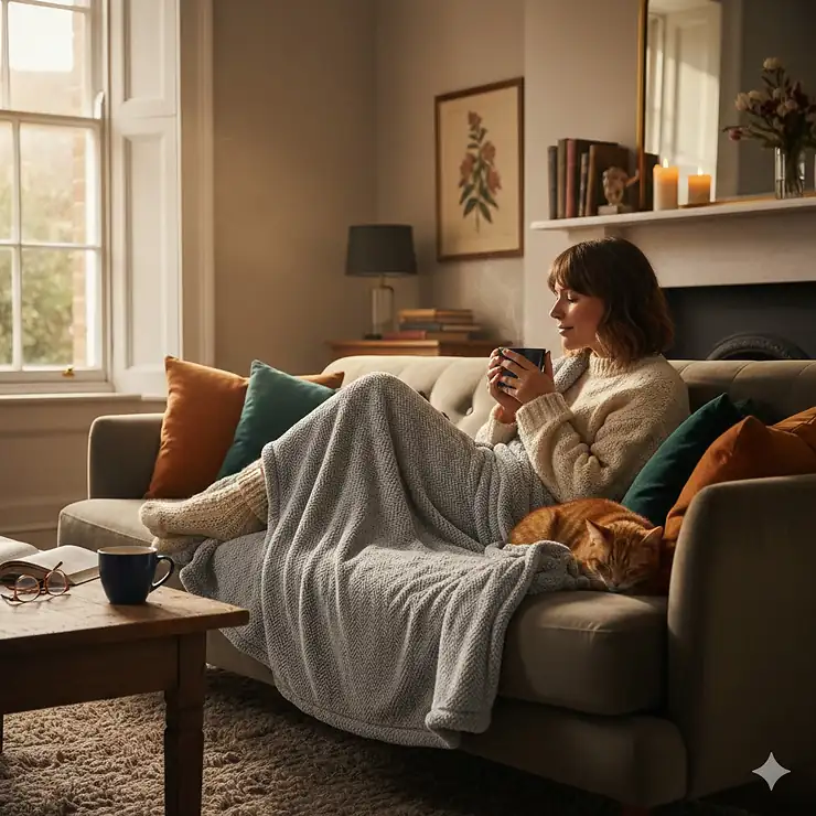 A person sitting on a sofa in a cosy British living room, wrapped in a high-quality fleece electric blanket while holding a mug of tea. best electric blanket