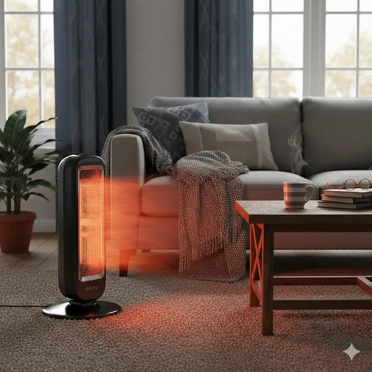 A sleek oscillating halogen heater providing a warm orange glow in a modern British living room next to a sofa and a mug of tea. best halogen heater