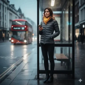 A woman in a stylish grey heated puffer jacket standing at a London bus stop on a rainy evening, holding a smartphone with a red double-decker bus in the blurred background.