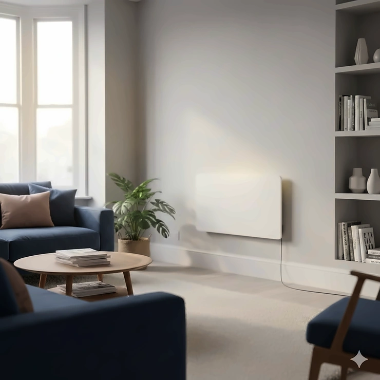 A sleek white infrared heating panel mounted on a light grey wall in a modern British lounge, providing energy-efficient warmth. best infrared heater