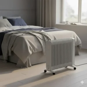 A silent oil-filled radiator providing consistent heat in a UK bedroom during winter.