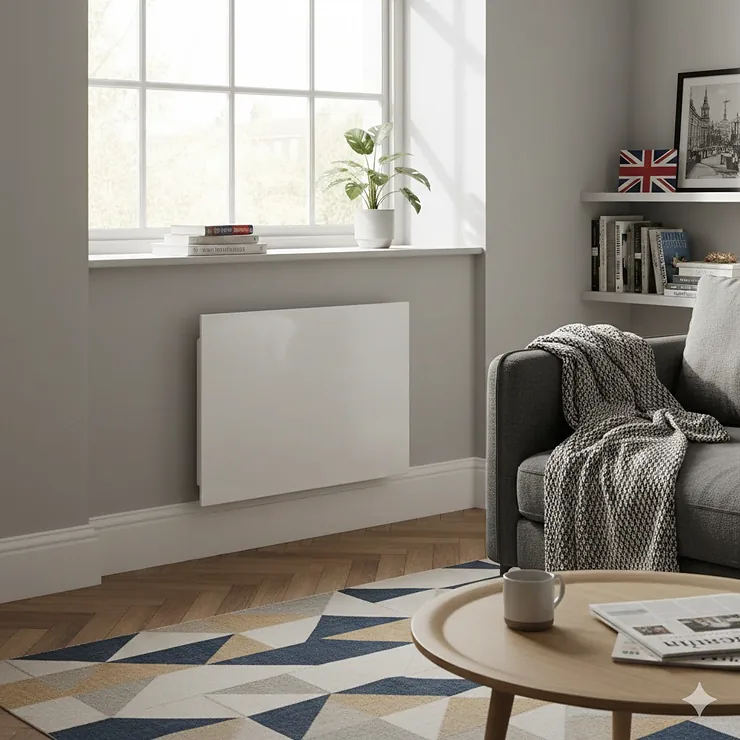 A modern slimline electric panel heater mounted on a white wall in a contemporary British living room. best panel heater