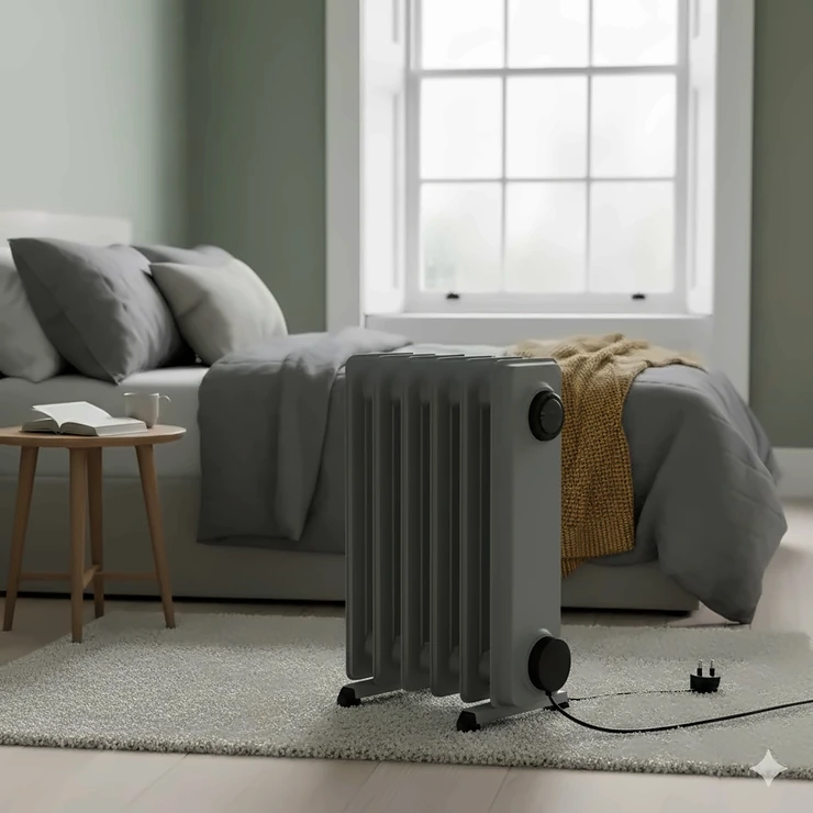 A slimline oil-filled radiator positioned on a plush carpet in a contemporary British bedroom, providing energy-efficient warmth during winter. portable heater for bedroom