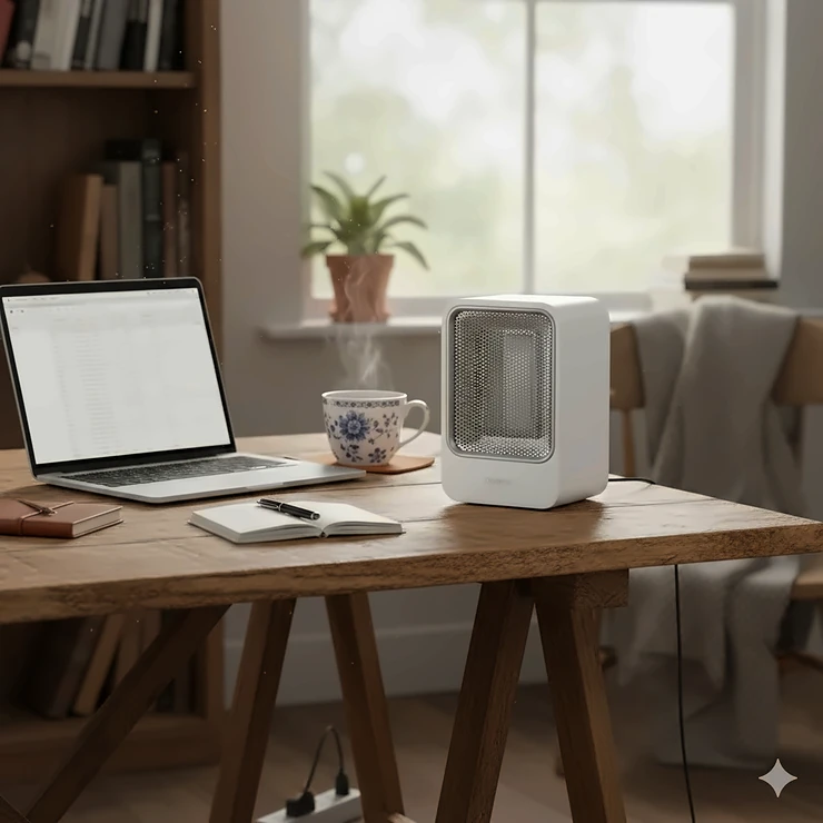 A compact white portable heater for office use sitting on a wooden desk next to a laptop and a steaming mug of tea in a bright room. portable heater for office