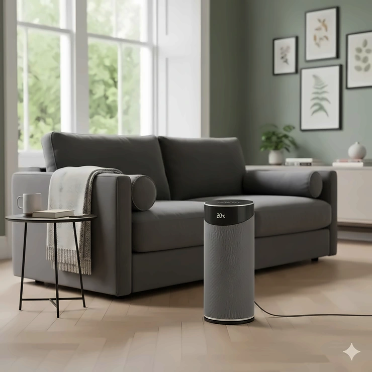 A modern, energy-efficient portable heater positioned in a stylish British living room to provide supplemental heating. best portable heater