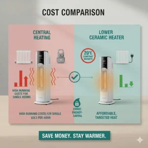 A chart comparing the hourly running costs of a ceramic heater against central heating for single-room use.
