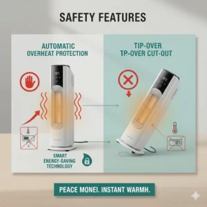 Illustration of built-in safety features including automatic overheat protection and tip-over cut-out switches.