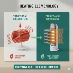 Diagram explaining how PTC ceramic heating elements provide faster and safer warmth than traditional coils.