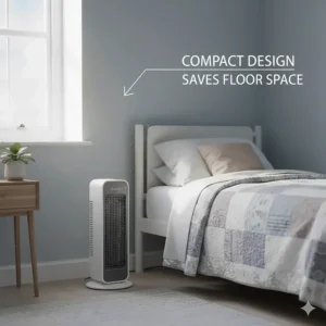 A small ceramic fan heater tucked neatly into the corner of a typical UK spare bedroom to save floor space.