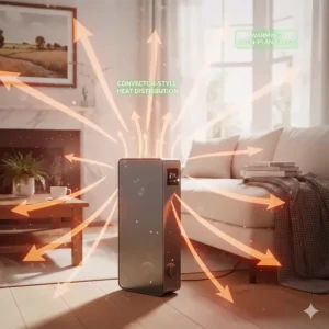 Illustration of airflow patterns from a convector-style portable heater for a large room or open-plan kitchen.