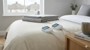 Alt text for image 3: A photorealistic view of a cosy British bedroom featuring a double electric blanket and a warm cup of tea on a wooden bedside table.