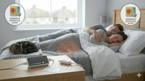 Alt text for image 9: A first-person perspective of a hand resting on a plush, high-quality double electric blanket in a bright and airy British bedroom.