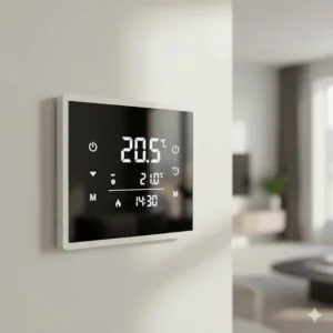 Close-up of a digital programmable thermostat on an electric convection panel heater.