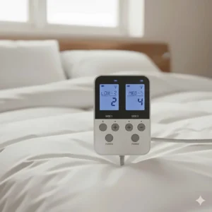 A digital dual-control handset for a heated underblanket showing independent temperature settings for the left and right sides of the bed.