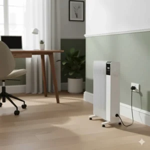 A slimline convector heater with a timer, ideal for heating a home office quickly.