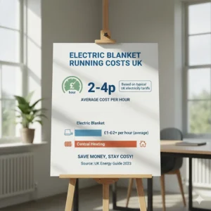 An infographic showing the low hourly running cost of an electric blanket compared to central heating, based on typical UK energy tariffs in pence.