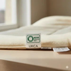 Close-up of a safety label on a white electric blanket showing the BEAB Approved Mark and UKCA symbol for British safety standards.