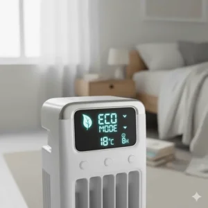 Digital display on a portable heater showing eco-mode settings to help reduce electricity bills in UK homes.