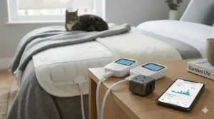 Alt text for image 4: A double electric blanket shown next to a smartphone displaying an energy-efficient heating app to monitor low running costs.