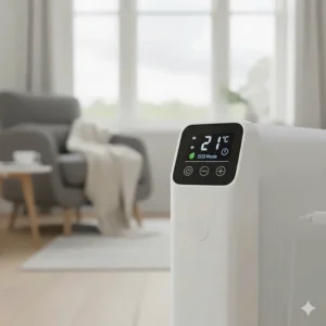 Close-up of a digital display on a convector heater showing a 21 degree temperature setting and an eco-mode leaf icon for energy efficiency.