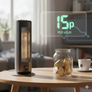 Digital overlay showing the low energy running costs of a halogen heater at 15p per hour next to a glass jar of British pound coins.