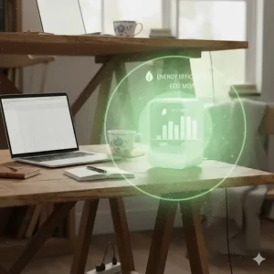 An energy-efficient portable heater for office spaces with a digital Eco Mode overlay highlighting low wattage and power saving.