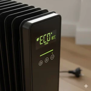 Close-up of a digital thermostat on an oil-filled radiator showing energy-saving eco mode settings.