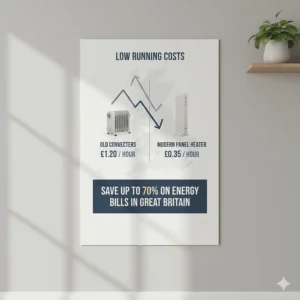 An infographic showing the low hourly running costs of an energy-efficient panel heater in Great Britain.